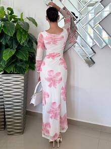 Andrea Bello 浪漫约会之夜花卉印花褶皱长袖女式连衣裙，女式夏季连衣裙 - 彩色 - 查看 4