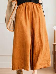 Plus Size High Waisted Wide Leg Pants Solid Elastic Waist Loose Fit Flowy Trousers With Pockets - Yellow - View 2