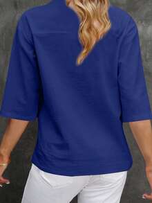 Women Solid Color Shirts Elbow Sleeve Buttons Stand Collar Blouses Summer Loose Casual Tops Streetwear - 藍色 - 查看 6