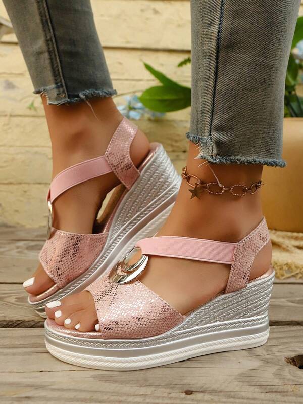 2025 Summer New Casual Wedge Sandals, Metal Buckle Decor, Faux Linen Rope, Lightweight & Comfy, Open-Toe Elastic Band, Suitable For Casual, Vacation, Outdoor, Beach