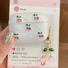 Resin Coated Cherry Pattern Wireless Bluetooth Earphone Case Compatible With Apple 4/3/Pro/Pro2, Shockproof Bluetooth Earphone Protector, Pink