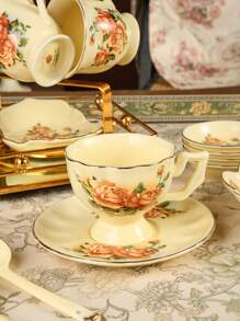 1pc Korean Style Ceramic Cream-Colored Coffee Cup And Saucer Set, Rose Flower Design, Suitable For Home, Club, Cafe, And Office Use Back To School