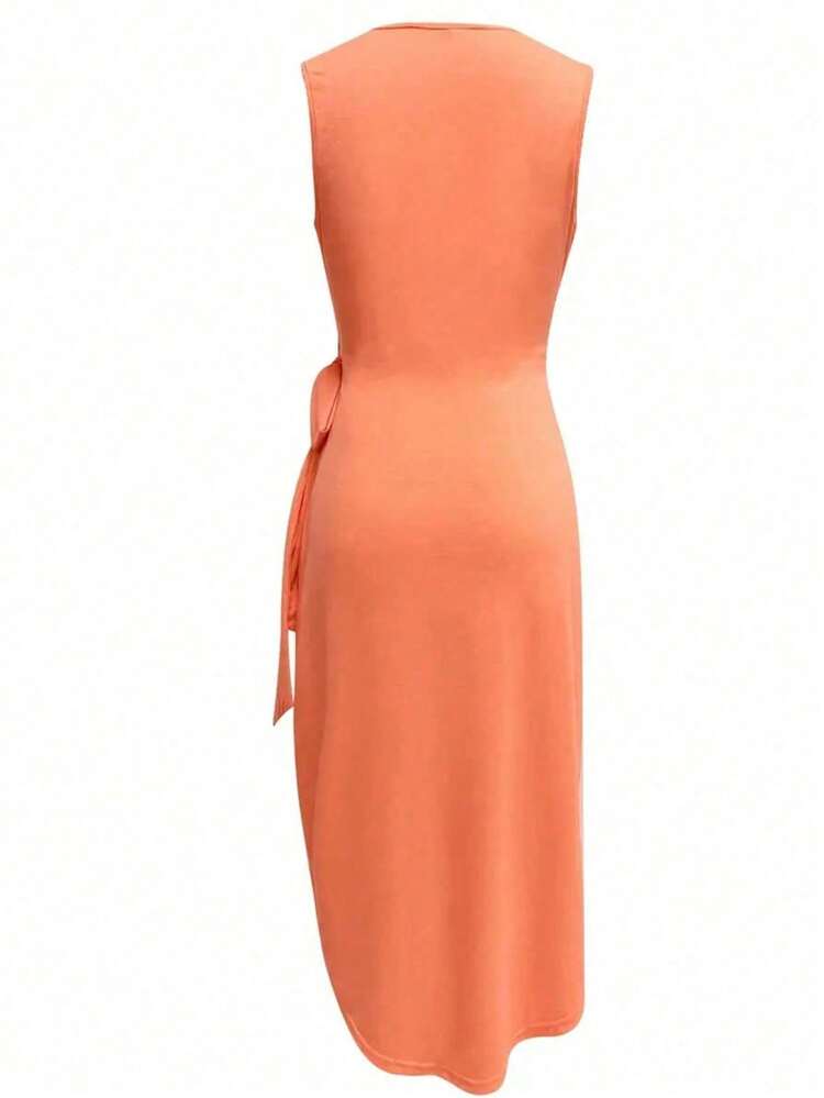 Solstice Apparel Side Tie Waist Solid Color Sleeveless V-Neck Dress, Metal Buckle Embellished Slim Fit Asymmetrical Midi Dress, Elegant Style, Perfect For Daily Outings, Commute, Dates, Parties & Beach Vacation, Spring Summer Outfit - Orange - View 2