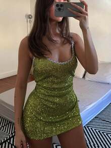 Women Solid Color Spaghetti Strap Sleeveless Dress Summer Sparkle Sequins Mini Party Dress For Vacation Cocktail Beach Streetwear - màu xanh lá - Xem 5