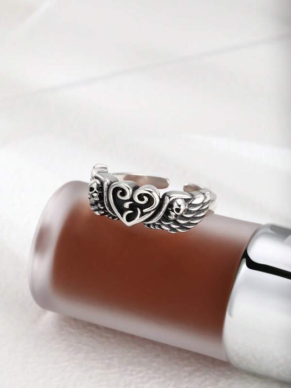 1pc 925 Sterling Silver Vintage Distressed Blackened Punk Dark Style Heart Wing Open Ring, Suitable For Women Everyday Wear