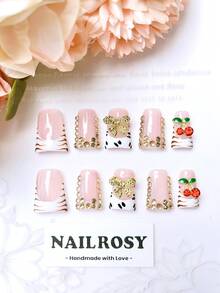 10Pcs Handmade Duck Nails Short Y2K Style Press On Nails With Rhinestones, White Cherry, Gift Box Packaging, French Tip, Summer & Wedding & Prom & Daily Wear & Parties, For Women & Girls, Reusable Easy To Apply - Nailrosy - 紅色 - 查看 2
