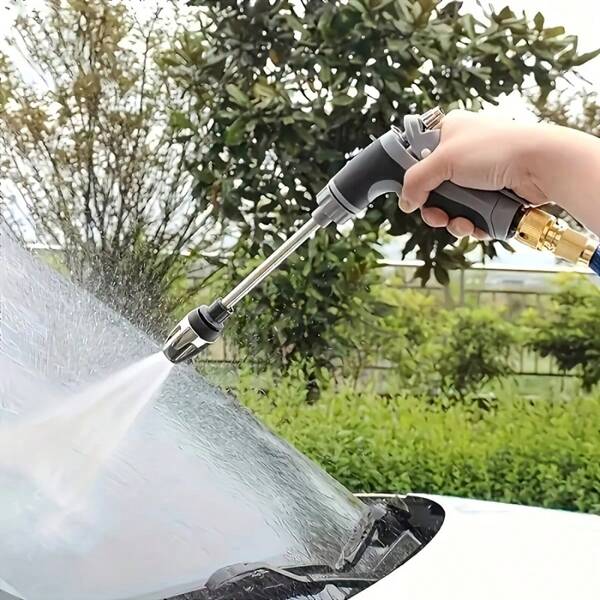 1pc ProClean Portable High-Pressure Car Wash Spray Gun, 3/4" & 1/2" Quick Connect Adapter, Multi-Function Garden Hose Nozzle With Adjustable Thickened Wand For Auto & Pet Cleaning, Plastic Material, Hand Wash Only