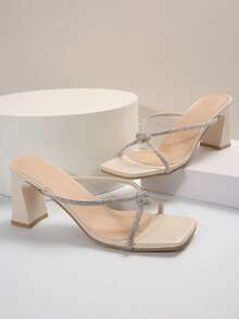 仙女般的方头粗跟凉鞋，适合女士，新款百搭夏/秋季水钻法式高跟鞋，适合约会、购物、聚会、派对、通勤、办公室