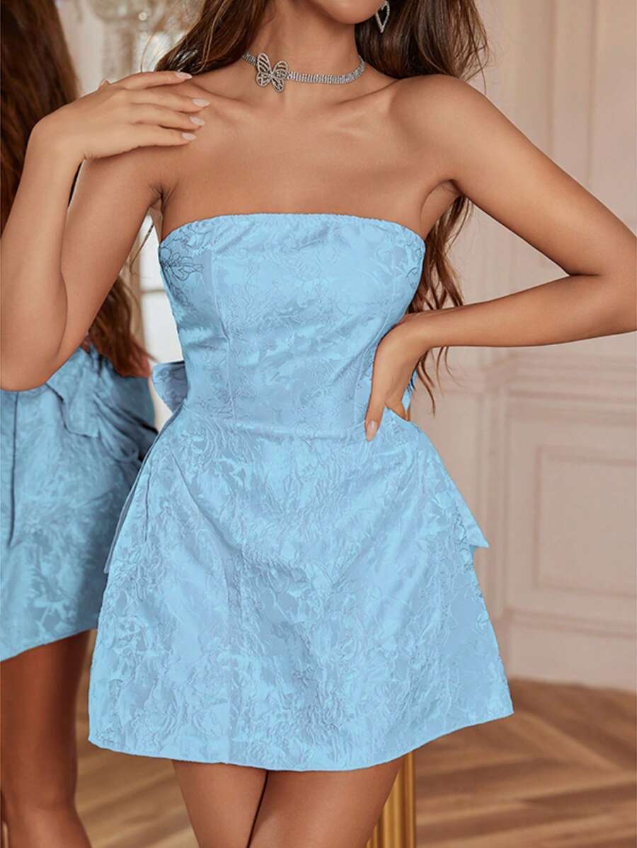 OhhNeed Women's Autumn Jacquard Bandeau Bow Mini Dress, Blue, Suitable For Concerts, Parties, Festivals, Romantic Occasions, And Casual Street Wear