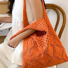 Women's Knitted Large Capacity Tote Bag, Solid Color Hollow Diamond Pattern Shoulder Bag, Fashion Foldable Easy-To-Store Shopping Bag, Blue/Orange Handbag, 100% Polyester, Beach Style, Suitable As Gift For Women
