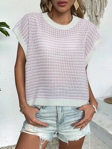 Elegant Striped Color Block Round Neck Cap Sleeve Pointelle Hollow Out Knit Top Sweater Vest Regular Loose Soft Casual Chic Style For Spring Summer Fall Vacation Beach Christmas Valentine's Day - 淺粉色 - 查看 4
