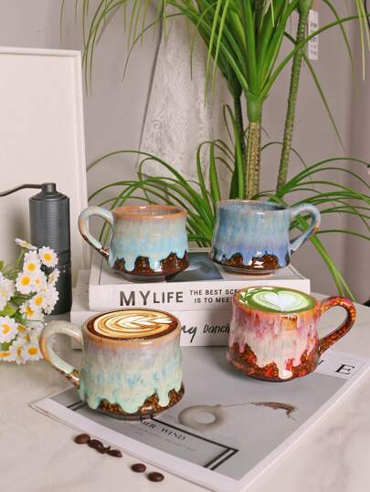 1pc 300ml Creative Reactive Glaze Ceramic Mug, Household Breakfast Milk Cup, Latte Art Cup, Water Cup, Retro Ceramic Coffee Cup, Household Drinking Cup, Latte Art Cup, Espresso Cup, Couple Cup, Breakfast Milk Cup
