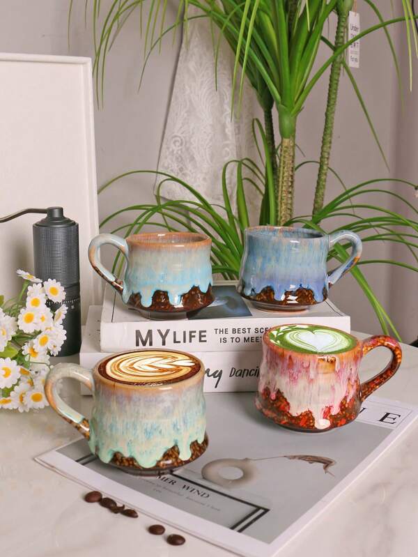 1pc 300ml Creative Ceramic Glaze Water Cup, Home Breakfast Milk Cup, Latte Art Cup, Personal Water Cup, Retro Ceramic Coffee Cup, Home Drinking Cup, Latte Art Cup, Espresso Cup, Couple Cup, Breakfast Milk Cup, Cup Back To School