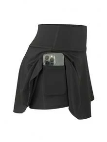 3-Piece Women Sports Mini Skirt With Casual High Waist Workout Shorts Pants & Shorts With Pockets, 2 In 1 Design - Đen, xám và trắng - Xem 2