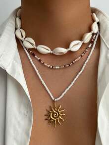3pcs/Set Men's Retro Boho Style Shell Beaded Necklace, Creative Fashion Metal Spiral Sun Pendant Multi-Layered Necklace, Suitable For Daily And Beach Holiday Wear