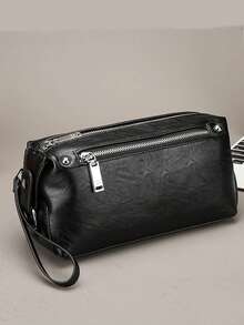 全新男士手提包大容量商务手拿包黑色 PU 皮革长钱包多口袋手机包 - 黑色 - 查看 2