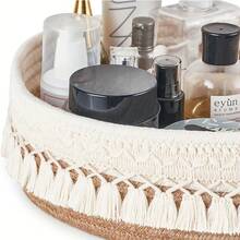 Cesta de almacenamiento tejida a mano con detalles de flecos - organizador de escritorio liviano y libre de alergenos para cosméticos, bolígrafos, etc. - Fibra blanca natural