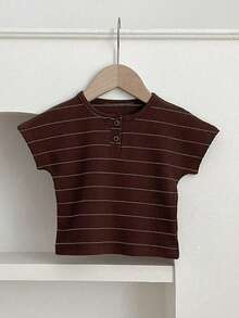 2pcs/Set Young Boy Striped Short Sleeve Top And Triangular Crotch Shorts, Spring/Summer - Brown - View 3