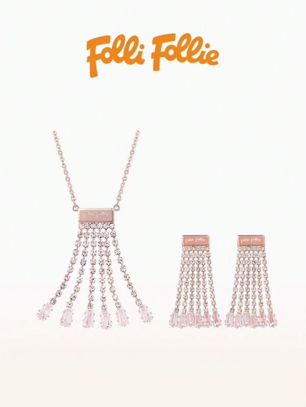 Folli Follie Crystal Fringe Tassel Necklace Long Crystal Collar Necklace Cubic Zirconia Bridal Chandelier Necklace,Rose Gold FF23SC06RG