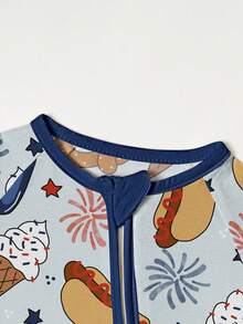 Baby Bamboo Fiber Zip-Up, 4th Of July Hot Dog Ice Cream Print Short Sleeve Romper, Summer Knit Fabric Skinny Fit With Zipper Detail, Boy Baby Girl Clothes, Perfect For Outdoor - 淺藍色 - 查看 3