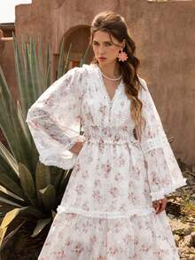 Faeriesty Vestido casual con estilo bohemio y floral con mangas de encaje con volantes y escote en V - Estampado de flores, mangas anchas para picnics de fin de semana, paseos casuales y tardes acogedoras