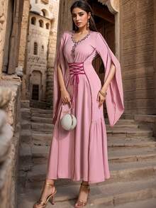 BEAUTY AMINAH 5039 V-Neck Women Abaya Dress, Waist Tie Belt + Handmade Crystal Flared Sleeve, Eid Festival Party Gown