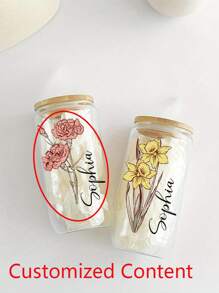 1 Stück personalisierter Glas-Becher mit Deckel & Strohhalm - individuelle Eiskaffe-Tasse, Bierglas oder Trinkbehälter mit Blumendesign (rosa Rosen & gelbe Narzissen) - perfekt als Geschenk zu Geburtstagen, Feiertagen, Bridal-Shower, Weihnachten & Partys für Familie und Freunde, Glas-Accessoires