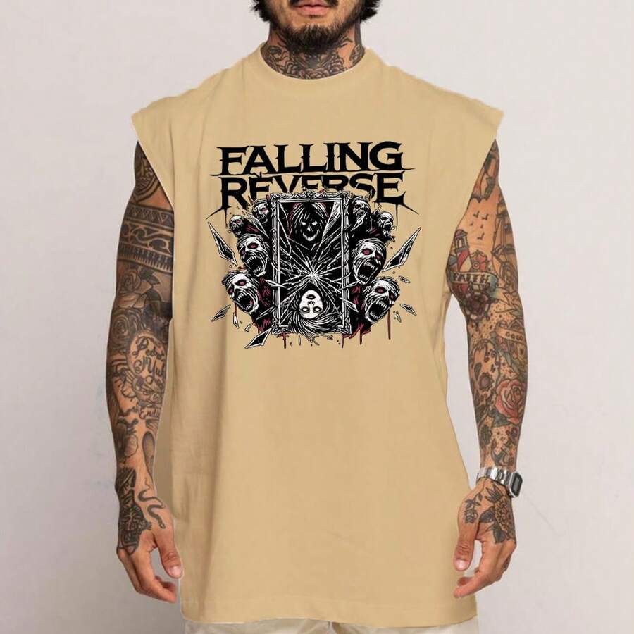 Falling Reverse Rock Dark Art Oversized Cotton Long Sleeve Tank Top - Gold - View 1