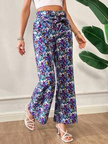 Pantalones estampado LOVE mujer dama colores vibrantes cinturón incluido ajuste en la cadera diseño moderno y original ideal para eventos casuales salidas informales look creativo y audaz que destaca. - Azul - Ver 3