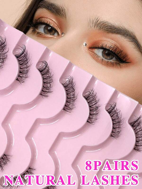 ENCHUW 8 Pairs Half Eye Lashes Clear Band Faux Mink Lashes Cat Eye Lashes Natural Eyelash Extension