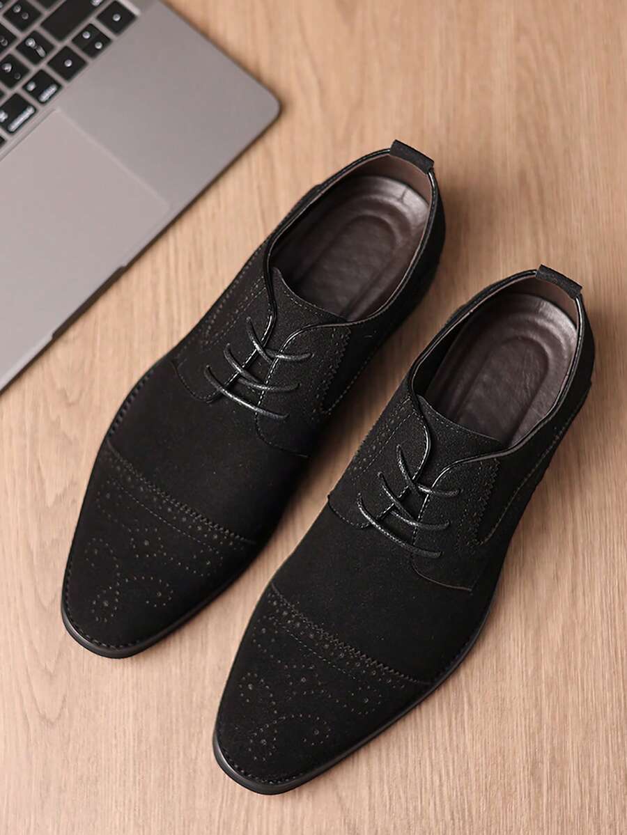 大码男士尖头布洛克牛津鞋，商务休闲正式派对正装鞋，英伦风格黑色 - 黑色 - 查看 1
