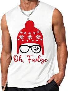 Funny Christmas Men's Tank Top With Oh Fudge And Winter Hat & Broken Glasses Graphic Print Vest, Perfect For Holiday Parties Suitable For Men Is An Ideal Gift Choice - White - View 1