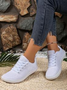 Women's Plus Size Wide Fit Breathable Fabric Solid Color Striped Decor Lace-Up Barefoot Shoes, Suitable For Outdoor Sports