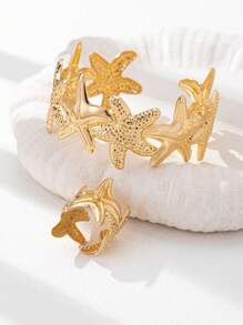 2 pièces Ensemble de bague et bracelet inspiré de l'océan avec étoile de mer, bracelets et bagues dorés pour femme, bijoux de conception élégante convenant pour la plage, les voyages, les fêtes et le port quotidien