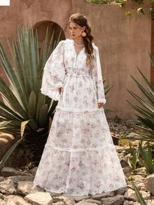Faeriesty Vestido casual con estilo bohemio y floral con mangas de encaje con volantes y escote en V - Estampado de flores, mangas anchas para picnics de fin de semana, paseos casuales y tardes acogedoras