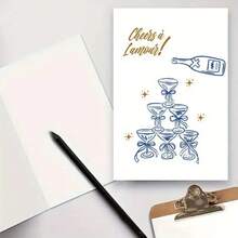 Cartão de casamento com champanhe francês - "Cheers To Love", saudação romântica de celebração com taças de vinho tinto e design de estrelas, perfeito para casamentos, aniversários e ocasiões especiais, papelaria festiva | Tema champanhe | Construção em papel