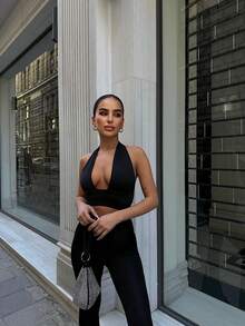 Solid Color Casual Party Lace-Up Zipper Metal Eyelets Bandeau Top And Mini Skirt Set - Black - View 4