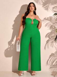 女士加大码春夏露肩连体裤，适合度假，时尚外出装，绿色节日装饰的关键季节性单品