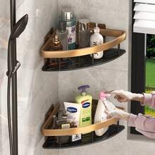 Baño  Bandeja de almacenamiento  Sin taladro  Estantes  Montado en la pared  Estante de esquina  Soporte de ducha  Para WC  Organizador de champú  Accesorios de baño - 2 triángulos de oro - Ver 13