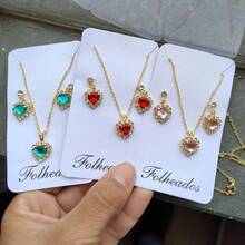 Set Of Chain With Pendant + Gold Plated Earring Heart Stones Studs Latest Release - màu xanh lá - Xem 5