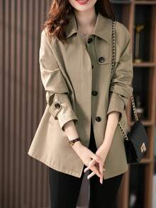优雅女士前扣秋季夹克，大翻领设计，时尚经典风衣，适合日常穿着和春秋旅行 - 卡其色 - 查看 5