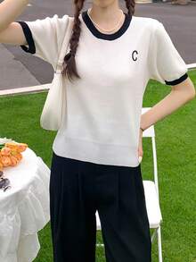 女士夏季休闲撞色边饰圆领短袖上衣 - 米色 - 查看 5