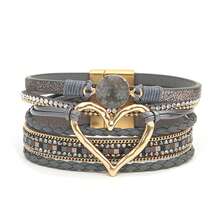 Bohemian PU Leather Wrap Bracelet With Magnetic Clasp Style Heart Charm Bracelet Everyday Wear-No Mosaic Material-All Seasons Easter Gift, Gold Color, For Women