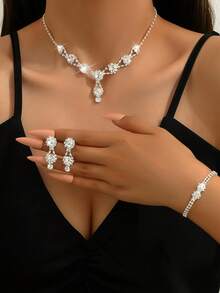 4 件全水钻首饰套装，包括项链、耳环、手链、时尚新娘配饰 - 首飾套裝 - 查看 17