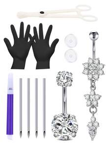 Belly Piercing Kit 12Pcs Belly Button Piercing Kit Includes 2Pcs 14G Belly Button Rings 1Pc Piercing Clamp 4Pcs Piercing Needles 2Pcs Disposable Gloves 2Pcs Anti-Proliferative Silicone 1Pc Marker Pen - Multicolor - View 13