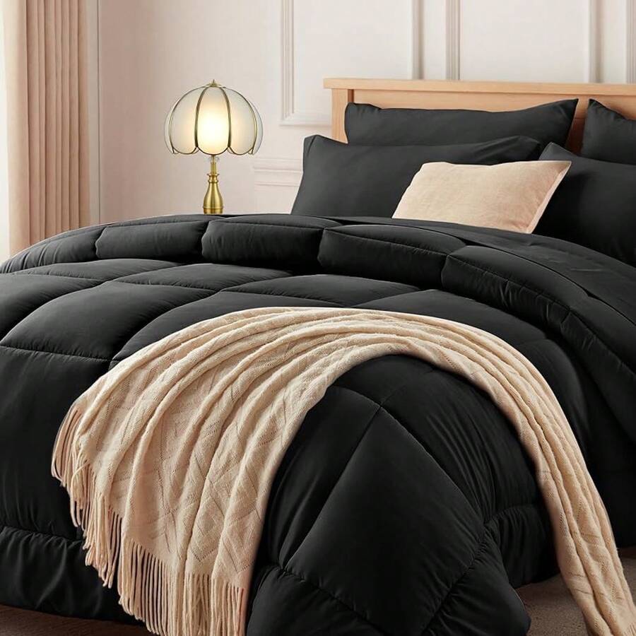 Newspin Queen Bed In A Bag 8 Pieces Comforter Set, Black All Season Bed Set, Queen Bedding Sets With Comforter And Sheets, Pillow Shams, Flat Sheet, Fitted Sheet, Pillowcases And Bed Skirt - 黑色 - 查看 1