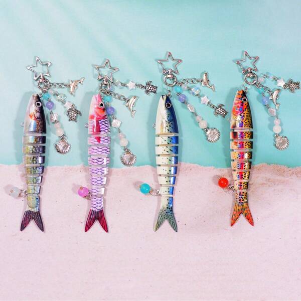 1 pieza Llavero de pez hecho a mano, encantos para bolso estilo oceánico, llaveros de estilo oceánico, llaveros con señuelo de pesca artificial, encantos de peces con cuentas, regalos para pescadores y escolares