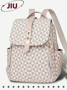 Women's Anti-Theft Geometric Pattern PU Soft Leather Backpack, Multifunctional Fashion Daily Bag, Multi-Pocket Lightweight Travel Bag, Large Capacity Minimalist Bookbag, Convenient Backpack Suitable For Students, Nurses, Teachers, Business Professionals, Travel, Commuting, Shopping, Office, Dating, Hiking, Training, Work, Birthday Gift, Holiday Gift - Multicolor - View 13
