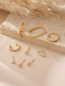 9 件方晶锆石耳环套装，包括耳钉、夹式耳环和吊坠耳环，适合日常佩戴、派对和所有季节 - 金黃色 - 查看 3