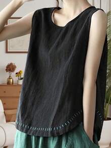 Women's Tank Tops Summer Causal Versatile Solid Color Plus Size Loose Sleeveless Linen Shirt - Black - View 2